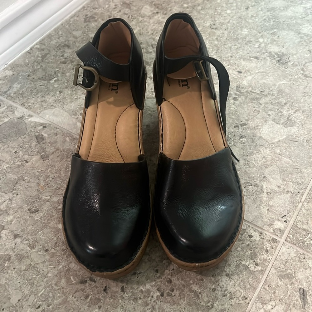Born black leather close-toed wedges